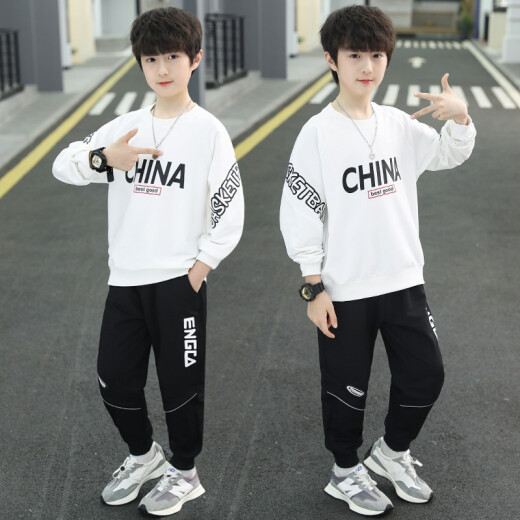 Venetutu boys suit spring and autumn 2022 spring new Korean version medium and large children's suit sweatshirt trousers boys casual sports student two-piece set 3-15 years old trendy black 150 size recommended height around 140 cm