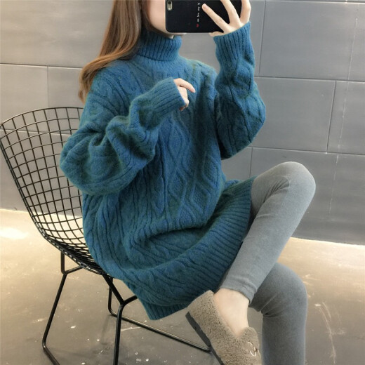 Mamori Women's Turtleneck Sweater Women's 2020 Autumn and Winter New Korean Style Mid-Length Thickened Sweater Women's Loose Outerwear Lazy Style Bottoming Shirt Women Blue L