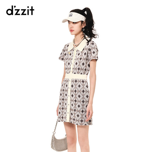 DZZIT地素连衣裙春夏复古文艺polo领收腰提花设计女3H2E6296D 浅灰色 XS