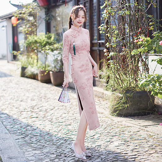 NUKM suede single layer long three-quarter sleeve daily cheongsam 2026 new improved spring and autumn Chinese style dress 6055 pink XL