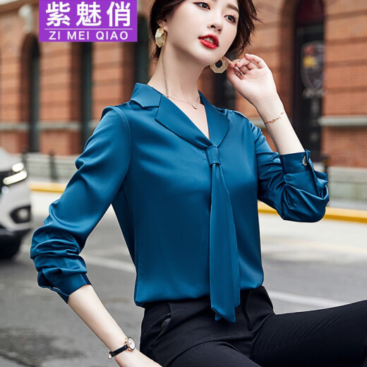 Purple Charming Women's Shirt White Long Sleeve Float Collar Professional Dress Shirt Fashion Korean Style Casual Work Wear Cyan L