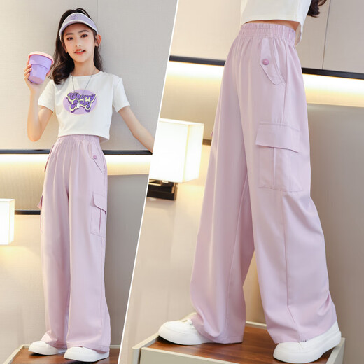 mlgt französische trendige Kinderkleidung Girls Anzug Weitbein Hosen Eis Seidenhose Moskito-vorsichtige Hose Sommerkleidung Kinder Yamamoto Hosen Länge 9889 Weiß + 15029 Pink Purple [Set] 150 cm