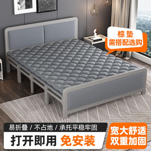 Baiyuda folding bed household double bed simple lunch break rental house adult wooden bed bedroom spliced single bed iron bed 1.2 meters gray bed frame + gray bed surface + brown pad