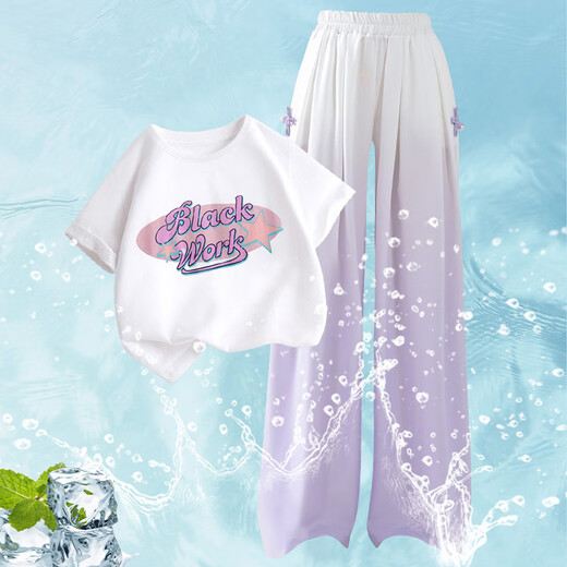Pitt Pitt Girls Summer Set Dopamine 2025 New Children's Big's Children's Children's Style Summer Two-Piece Set Fashion Summent Casual 15117 Gradient Purple + 9922 White 130 cm