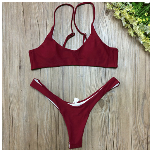 Yaluol European and American solid color bikini women's swimsuit T-pants half hip-covering sexy triangle split swimsuit 8018 wine red L