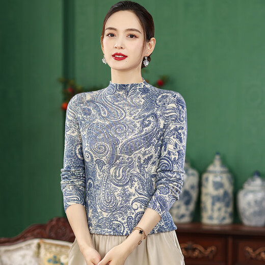 Simple silk five-qi half-high neck Chinese style full of printed cashmere sweater thin worsted elegant knitted top SY3881 Tibetan Qinghai Tibetan Qing XL