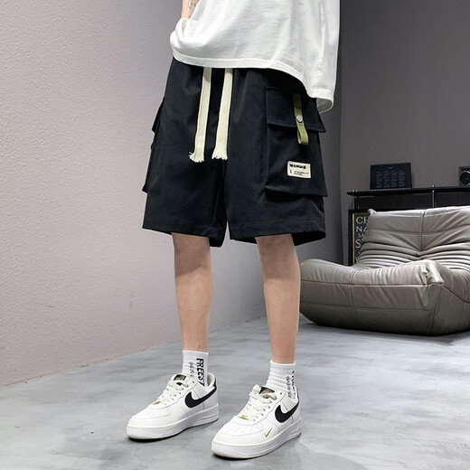 Foss Phil工装短裤男士夏季冰丝薄款宽松美式五分运动休闲裤衩子 HHR-718黑色 3XL 【建议170-190斤】