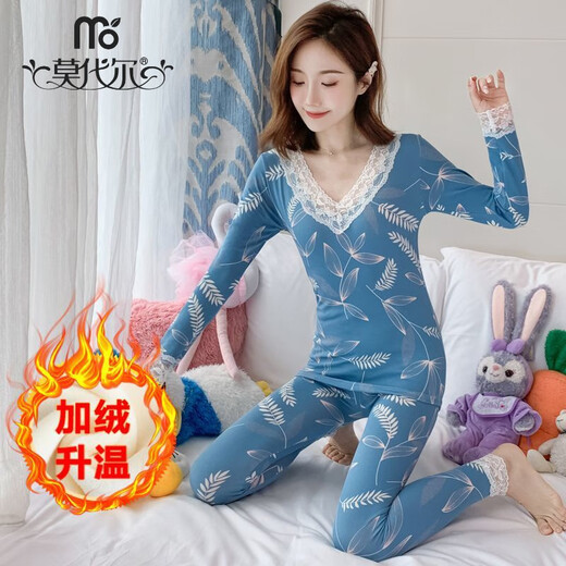 Ropa modal de otoño y pantalones de otoño para mujeres en invierno más ropa de solvente de terciopelo para mujeres para mujeres Camisa de base delgada Camisa delgada Ropa de hilo y pantalones de hilo T9904 Azul en V.