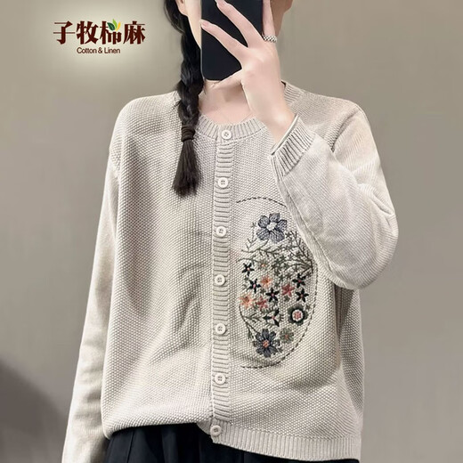 Zimu cotton and linen autumn clothing, women's retro literary style embroidered round neck knitted cardigan, temperament, versatile and slim jacket 9926 beige, one size fits all (recommended 95-140 Jin Jin equals 0.5 kg)