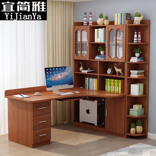 Solid wood desk bookshelf combination corner desktop computer desk desk bookcase integrated child bedroom corner study table white 120*80 upper door host model