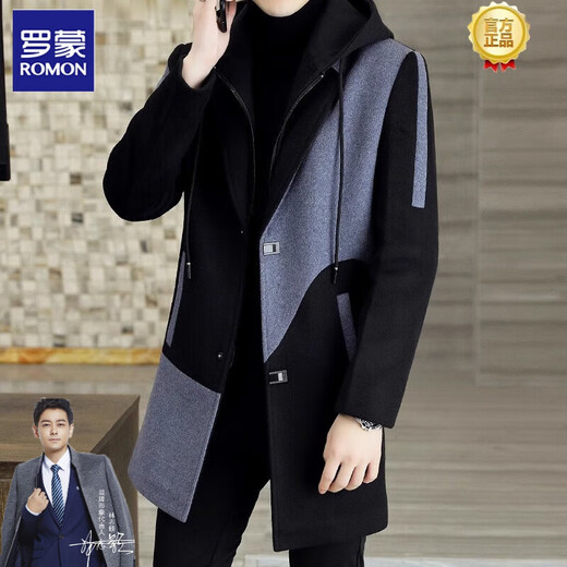Romon's new trendy cashmere tweed coat men's jacket winter medium-length large-size windbreaker jacket men's wool coat 8888M black hat-thickened cotton 8XL 235-255Jin[Jin equals 0.5 kg]