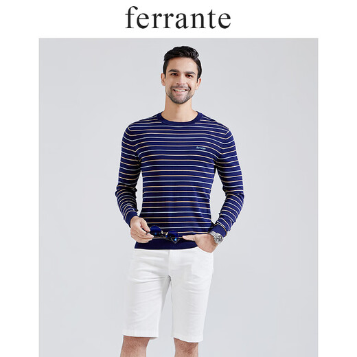 ferranteFerrante费兰特男士时尚休闲条纹针织圆领含桑蚕丝长袖T恤6172-57 蓝条 180/52/XL
