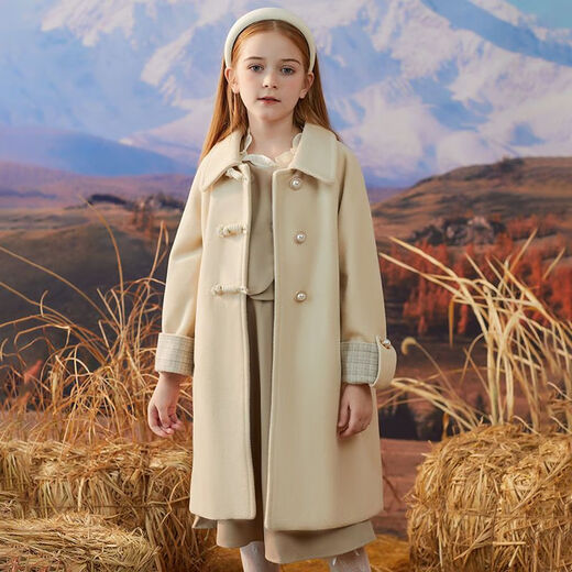 Disney Girls' Woolen Coat Autumn and Winter New Style Western Style Large Children's Woolen Coat Thickened Cotton Mid-Length Winter Clothes Beige Single Layer Lining 120