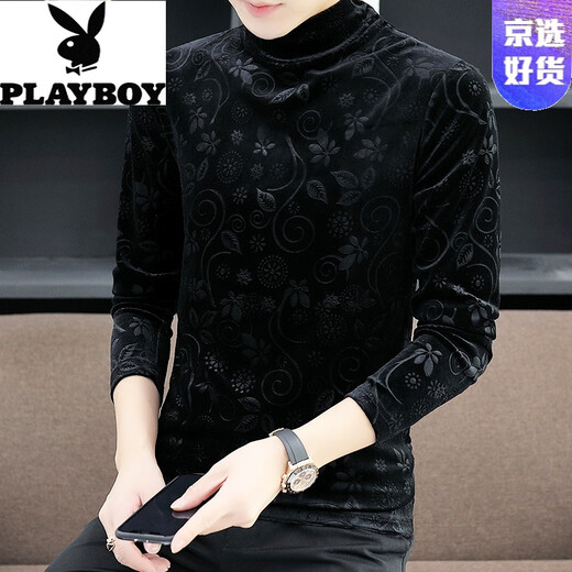 皮尔卡丹（pierre cardin）加绒男士半高领长袖恤打底衫金丝绒中高领男装社会人上衣体恤 693黑色 薄款 M