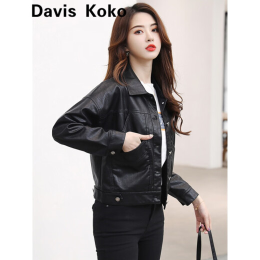 daviskoko high-end brand leather thickened jacket women's spring new short motorcycle leather jacket versatile temperament top black plus cotton M