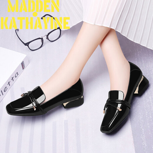 Madden Catherine light luxury single shoes for women 2021 spring new black British leather shoes for women trendy versatile shallow mouth single shoes flat casual patent leather square toe ol work women's shoes 3565 black please choose the appropriate size
