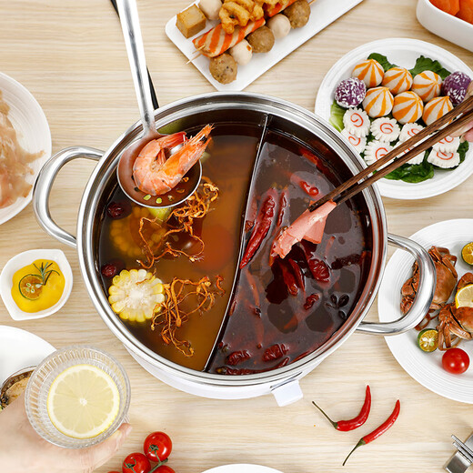 Royalstar Olla caliente de acero inoxidable 304 Olla recta de pato mandarín Hogar shabu-shabu Engrosado Doble fondo Olla de sopa de gran capacidad Cocina de inducción Universal Olla caliente de pato mandarín de acero inoxidable 304 6L 32cm