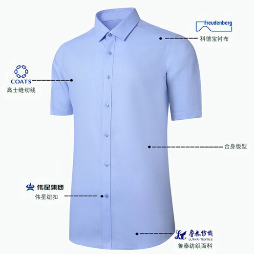 啄木鸟纯棉DP免烫蓝色男士短袖衬衫夏季新款商务休闲正装职业工装白衬衣 短袖款3923淡蓝 43