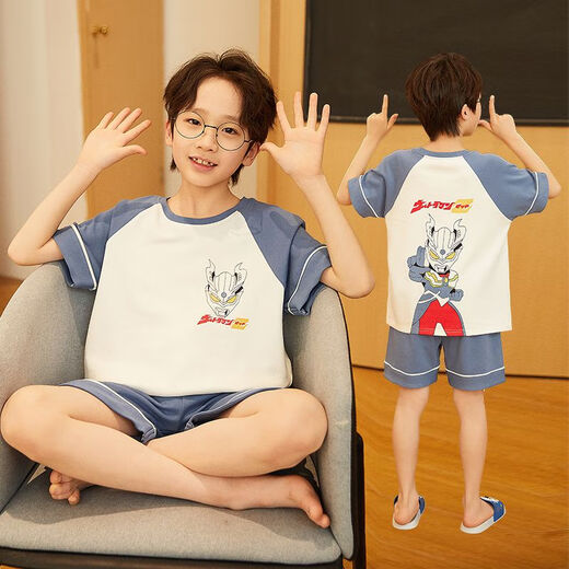 紫玥薇奥特曼夏季儿童睡衣卡通纯棉短袖小男孩中大童夏天薄款家居服套装 683-主图款【舒适透气全棉】 S码【体重70-90斤】