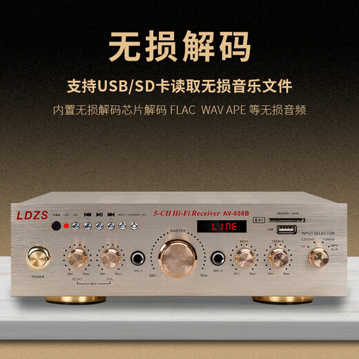 LDZS220V大功率蓝牙功放机家用K歌U盘插卡发烧5.0环绕立体声舞台400WHifi空放机 608B金色