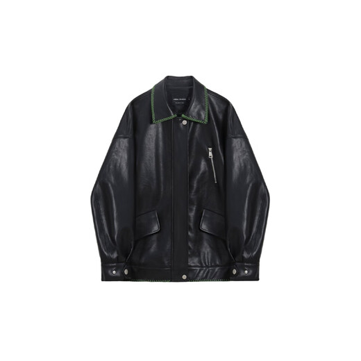 VEGA CHANG【精英衣橱】黑色皮衣女2025春秋宽松显瘦机车风pu皮短外套 松绿黑 S