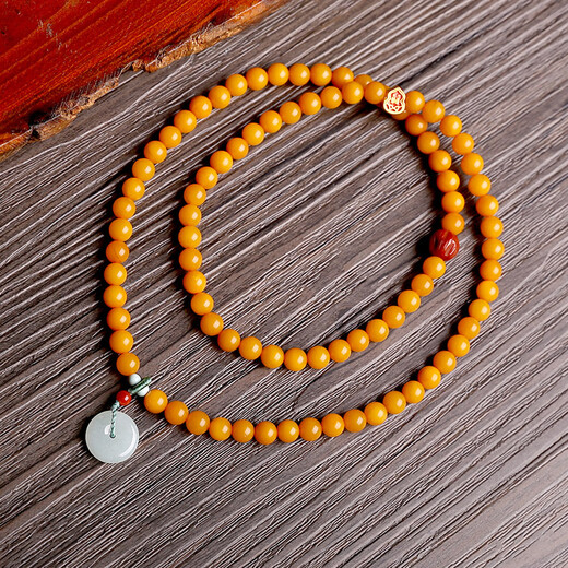 Mujue (MUJUE) beeswax bracelet for women with multiple circles DIY pure gold blessing gourd jade safety buckle chicken oil yellow bracelet to transport the year of birth