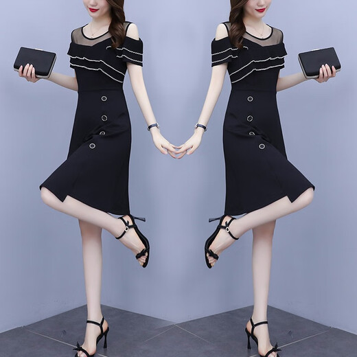 WeiLuoXuan (WeiLuoXuan) 2025 summer new dress for women with ruffle off-shoulder mesh splicing fashionable light luxury temperament covering belly 6231 picture color L Recommended 98-115Jin [Jin equals 0.5 kg]