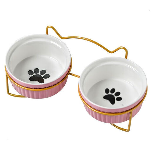 Naughty nest cat bowl with high legs and neck protection, double bowl fixed frame to prevent overturning pet cat and dog food bowl and water bowl, tilt to protect cervical vertebra, pretty powder, anti-black chin, gold frame + anti-slip pad, two bowls