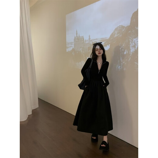 Trumpchi Vuitton large size 300Jin Jin is equal to 0.5kg Hong Kong style slim design stitching long-sleeved dress for fat mm women autumn and winter waist slimming long skirt black 2XL size recommended 150-190Jin Jin is equal to 0.5kg