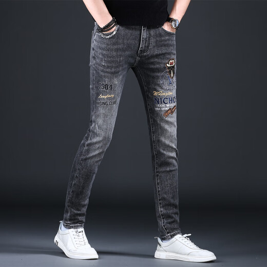 
Ke Jiehao embroidered jeans 2024 spring and autumn new small foot slim casual pants Hong Kong high-end stretch gray trendy brand men's pants OD-A675 regular 32 [2 feet 5]140-149Jin [Jin equals 0.5 kg]