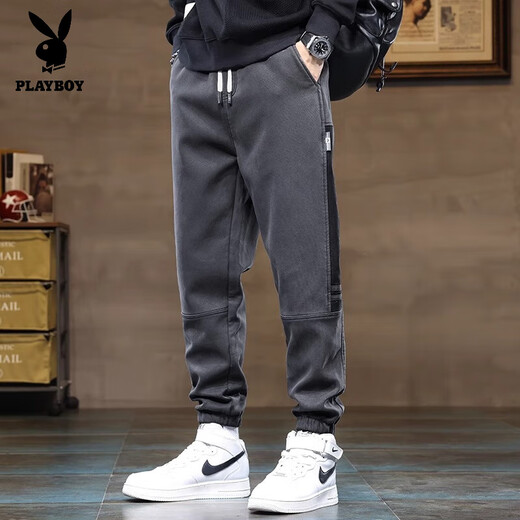 Playboy winter all-in-one velvet casual pants for men, autumn and winter loose harem pants with velvet and thickened outer wear sports pants, gray velvet XL 31/32 size