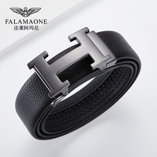法莱阿玛尼（FALAMAONE）品牌皮带男牛皮自动扣腰带真皮商务裤带生日情人节礼物送老公男友 枪色/PD826Q【专柜礼盒】 110cm -140cm默认随机（可修剪）