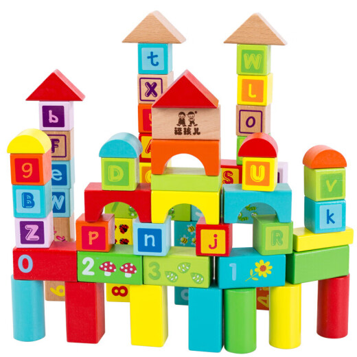 Fuhaier wooden 60 large-grain solid wood building blocks toy assembly assembly baby early education intelligence number alphabet development 1 to 2 two to three and a half years old boys and girls bucket baby gifts