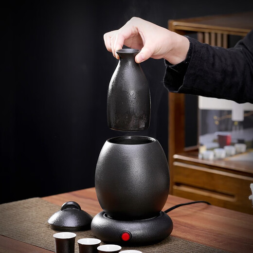 Qixinbian Chinese-style wine warmer set for wine glasses and wine pot, household retro wine boiler, rice wine warmer, wine warmer ceramic, black pottery wine warmer 6 cups + thermostat