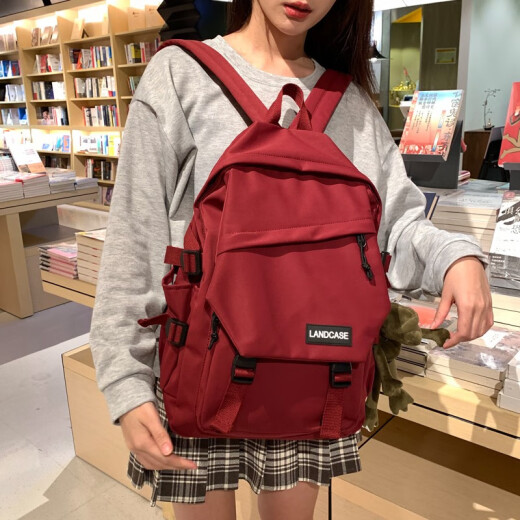 Landcase middle school student schoolbag female Korean version Harajuku high school student backpack male ins style junior high school student college style large capacity backpack 1218 red