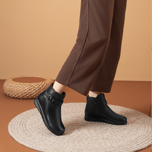 Red Dragonfly Mom Cotton Shoes Women's Winter Wool and Velvet Warm High Top Short Boots Comfortable Leather Boots WTC44638 Black 38