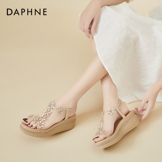 Daphne (DAPHNE) sandals for women's summer high heels summer new single shoes heels thick sole sponge cake student rhinestone fairy style elastic band gold 37 (235mm)