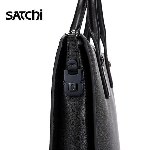 SATCHI沙驰男包真皮商务手写体密码锁手提包时尚多夹层大容量公文包FU12609-12H 黑色