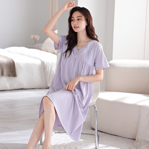 浪莎（LangSha）睡裙女夏季纯棉薄款短袖带胸垫家居服女士甜美公主风可外穿连衣裙 701芋紫（带胸垫） XXL【170-175cm/140-170斤】