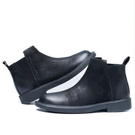 TYKT Martin Boots Men's Middle Top Winter Plus Fleece British Style High Top Shoes Retro Low Top Boots Chelsea Short Boots Leather Shoes Black Leather 39