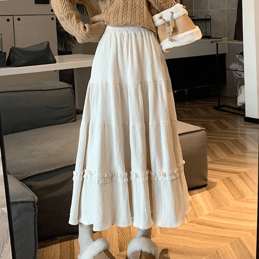 Miao Yijia Autumn Skirt New Style Versatile Winter Skirt Large Hem Skirt Long Skirt Women's Cake Skirt Covering Belly Skirt Small Lace Pleated Skirt Beige M Recommended 95-110 Jin Jin equals 0.5 kg