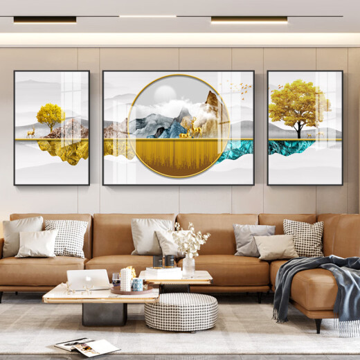 Yihua Crystal Porcelain Painting Living Room Decorative Painting Free of Punch Modern Simple Sofa Background Wall Restaurant Hanging Painting Crystal Porcelain Diamond Porch Painting Nordic Abstract Bedroom Bedside Painting Framed Painting Mural Backing A [Crystal Porcelain Painting] (Both Sides 40*60+, Middle 80*60)cm brushed bright titanium frame