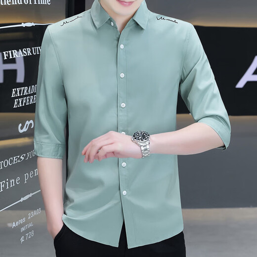 YIBAOLANG stretch ice silk men's three-quarter sleeve shirt, mid-sleeve shirt, embroidered anti-wrinkle, no ironing, summer thin section, slim fit Korean version 686 black XL (120-135Jin Jin equals 0.5kg)