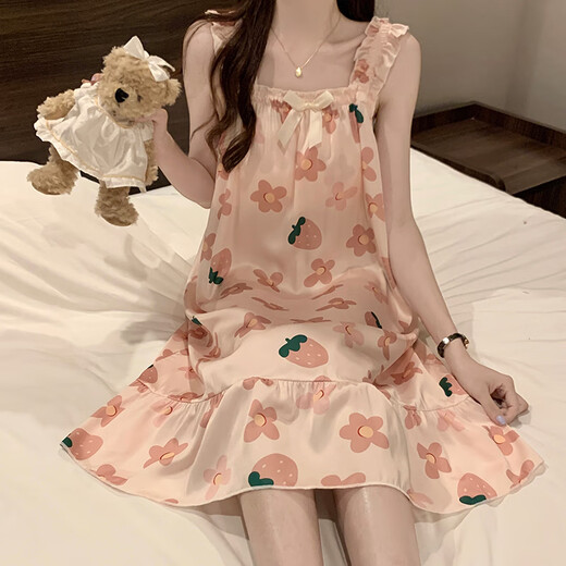 
Bei Yifu nightgown for women in summer with breast pad high-end ice silk cool suspender pajamas summer ladies sweet and cute home clothes 1355#red flower M
