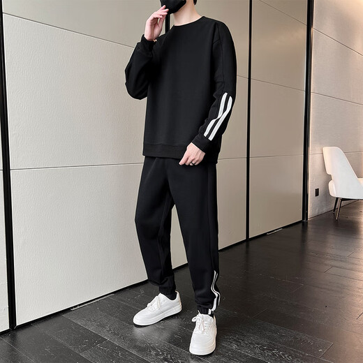 
Atlan sweatshirt suit men's long-sleeved T-shirt handsome set of sports casual sweatpants autumn and winter sportswear men's group suit 9230 black suit M (115-130Jin[Jin equals 0.5 kg])