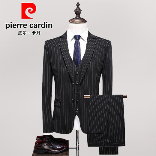 Pierre Cardin suit men's two-piece Korean style slim striped suit business casual professional attire groom wedding dress knitted black two-piece suit (top + trousers) S