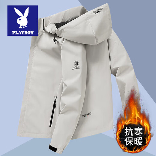 Playboy Jacket Men's Autumn and Winter Work Jacket 2025 Winter Thickened Hooded Jacket Business Casual Men's Top Black Velvet Style XL (Recommended 125-140 Jin Jin equals 0.5 kg)