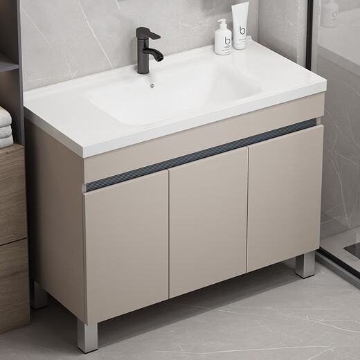 Dafify Honeycomb Aluminium Badezimmerschrank Keramik integriertes Badezimmer Waschbeckenschrank Kombination bodenhörigem Waschbecken Balkon Waschbecken Pool F828 Milch Kaffeetür plus halbem Spiegelschrank 60 cm