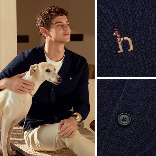 哈吉斯（HAZZYS）男装 秋冬款毛衣外套简约百搭羊毛开衫男ABYZD0BDF55 藏青色NV L （175/96A 48）