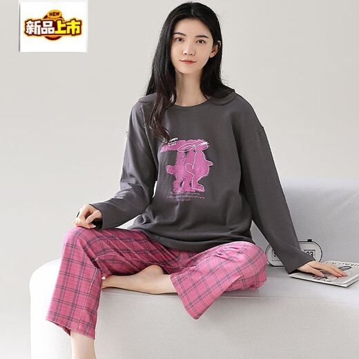 MIDNITE STAR pure cotton pajamas for women spring and autumn long sleeves internet celebrity round neck autumn sweet home clothes cotton set YSH-long sleeves set #1289 M double-sided pure cotton/suggested 80-100Jin [Jin equals 0.5 kg]
